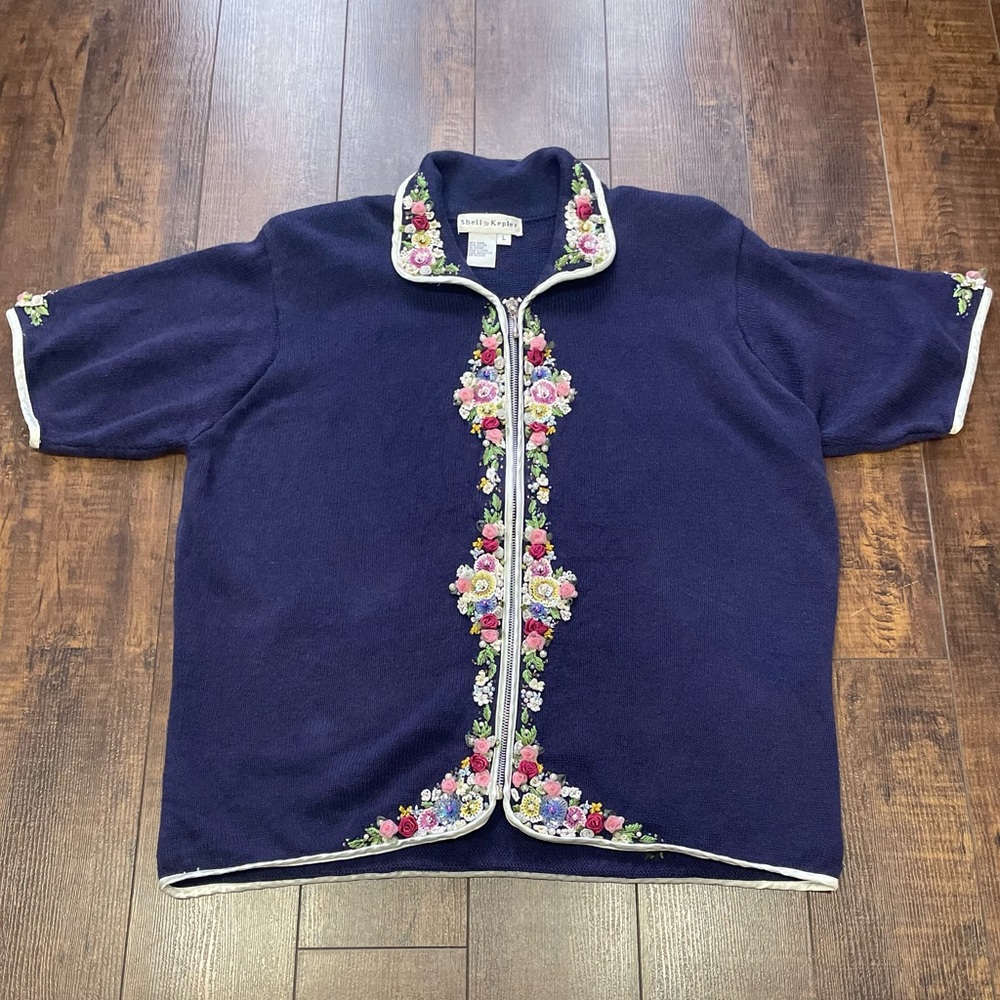 Vintage Shell Kepler Sweater Women’s Large Zip Up Cottagecore Floral Bloomcore